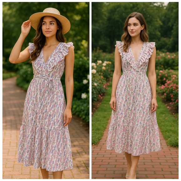 By Timo Dresses & Skirts - BY TIMO Floral Ruffle V Neck Midi Dress White Pink NWT Size XL